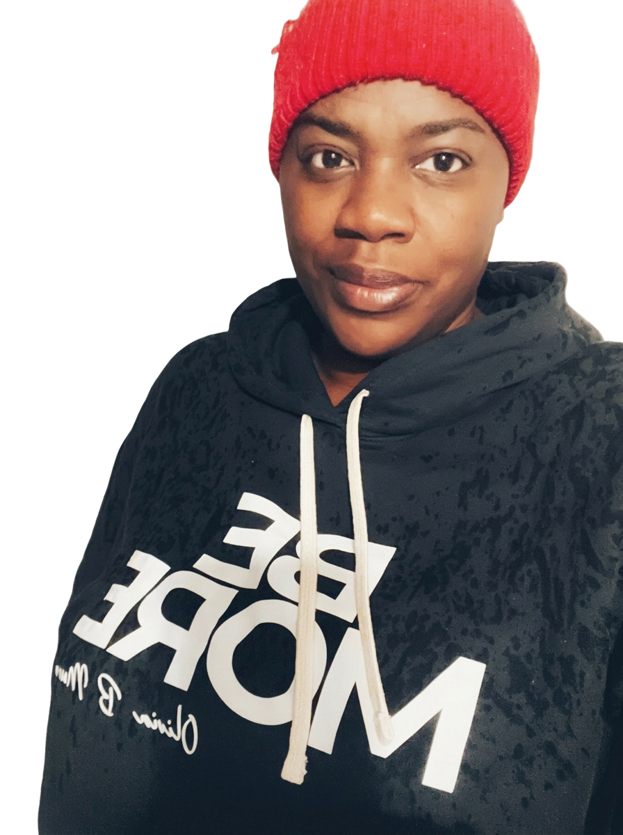 Olivia wearing the BE More hoodie
